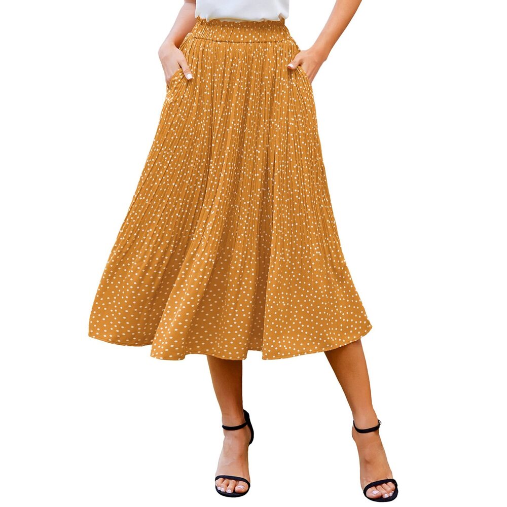 8921 Skirt High Waist Pattern Pleated Midi Length Swing Skirt with Pockets